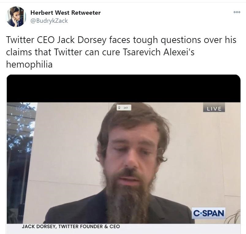 beard - 000 Herbert West Retweeter Twitter Ceo Jack Dorsey faces tough questions over his claims that Twitter can cure Tsarevich Alexei's hemophilia Live CSpan Jack Dorsey, Twitter Founder & Ceo
