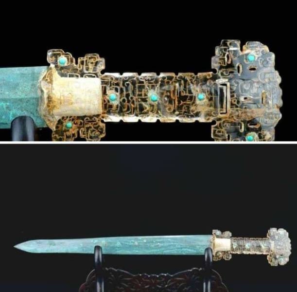 “A Chinese bronze sword with turquoise studded, gold inlaid, rock crystal hilt - Warring States Period, 4th-2nd century BC.”