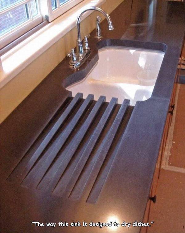 cool inventions - concrete countertop ideas - "The way this sink is designed to dry dishes."