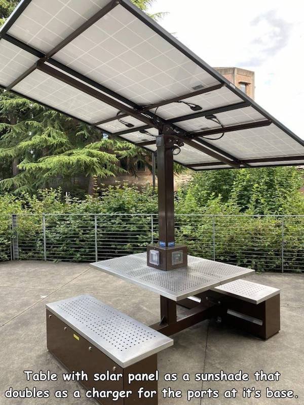 cool inventions - solar panel table - Table with solar panel as a sunshade that doubles as a charger for the ports at it's base.