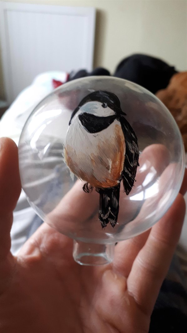 “My wife started painting ornaments for Christmas, and only realized after she finished this bird that she did it upside down.”