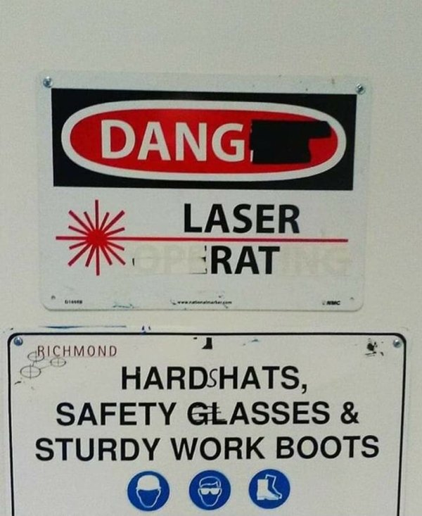 sign - Dang Laser Rat Richmond Hardshats Safety Glasses & Sturdy Work Boots