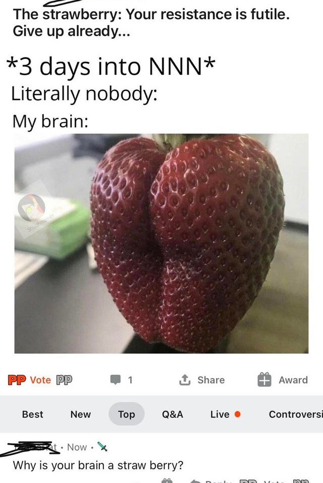strawberry meme - The strawberry Your resistance is futile. Give up already... 3 days into Nnn Literally nobody My brain Shudhmen Pp Vote pp 1 1 Award Best New Top Q&A Live Controvers Now Why is your brain a straw berry?
