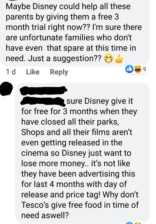 point - Maybe Disney could help all these parents by giving them a free 3 month trial right now?? I'm sure there are unfortunate families who don't have even that spare at this time in need. Just a suggestion?? 1d 9 sure Disney give it for free for 3 mont