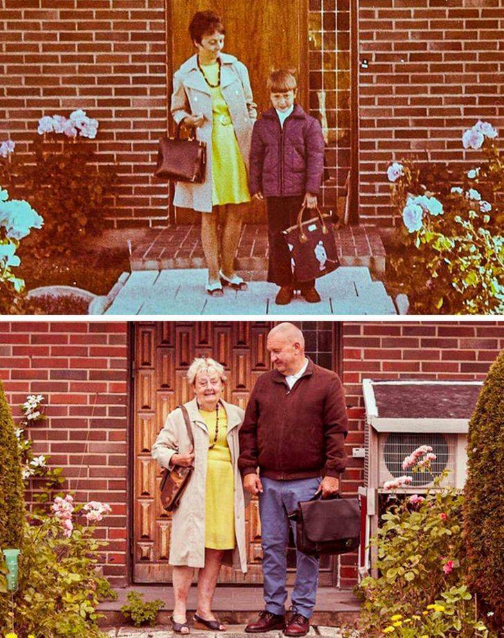 "My dads first day at school in the 70s, and now 50 years later"