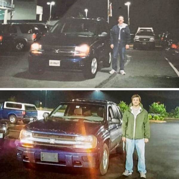 "My Dad and I with the family trailblazer 14 years apart"