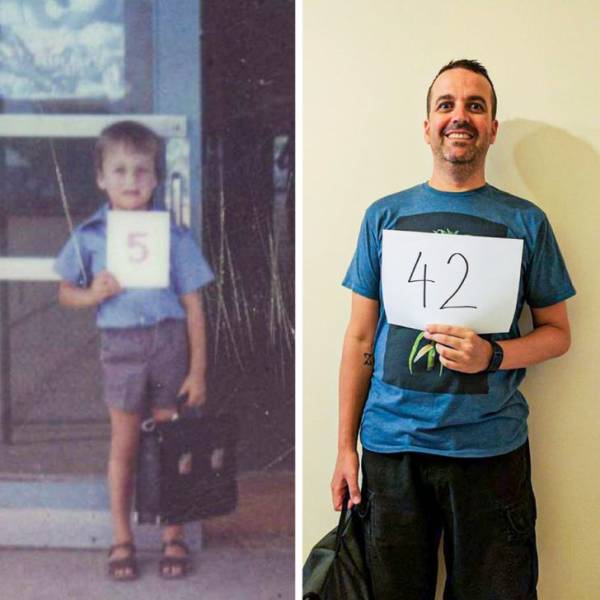 "My first day of school in 1980 as a 5yo vs first day at Uni at 42 years of age."