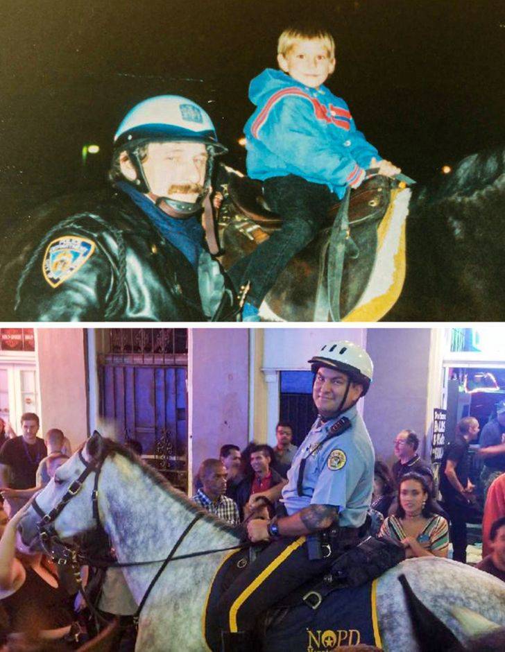 "1987, me with NYPD mounted cop. Friday, graduated from NOPD mounted school. Never been more excited!"
