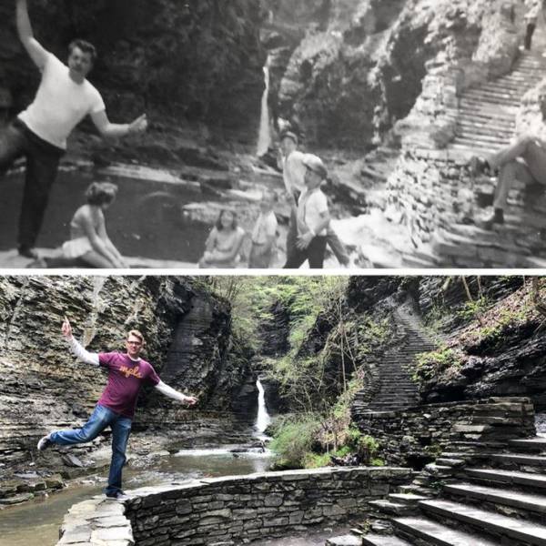 "My grandfather at Watkins Glen State park some time in the 60’s, and myself in the same spot making the same pose last year."
