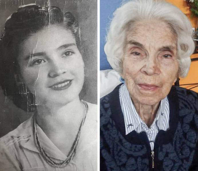 "My great grandmother in 1947 (21 y/o) and now in 2020 (94 y/o). I got the old picture restored and colorized for her birthday. She was actually lucid when she saw it and loved it (don’t worry, it was before the pandemic)."