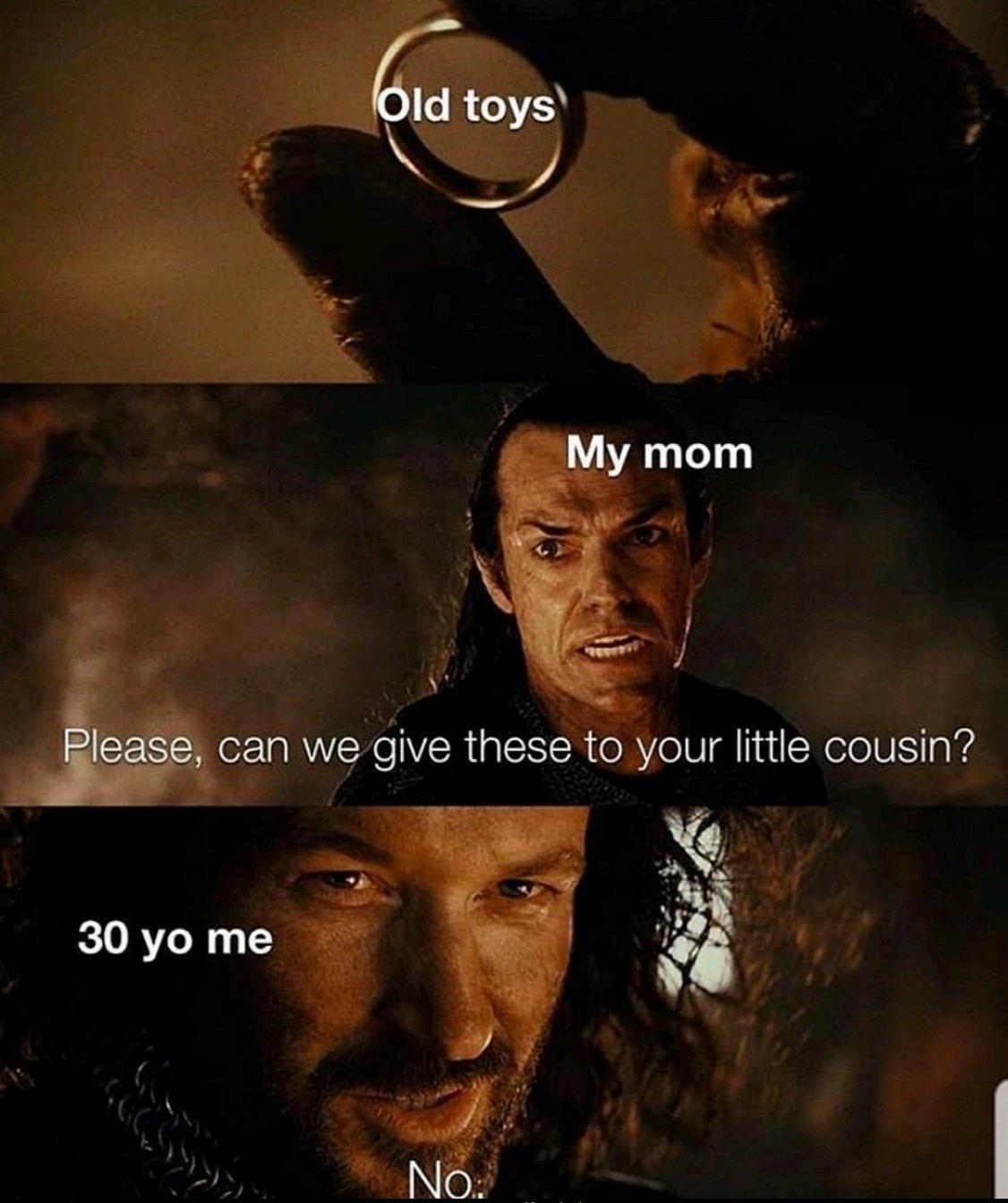 lord of the rings meme template - Old toys My mom Please, can we give these to your little cousin? 30 yo me No