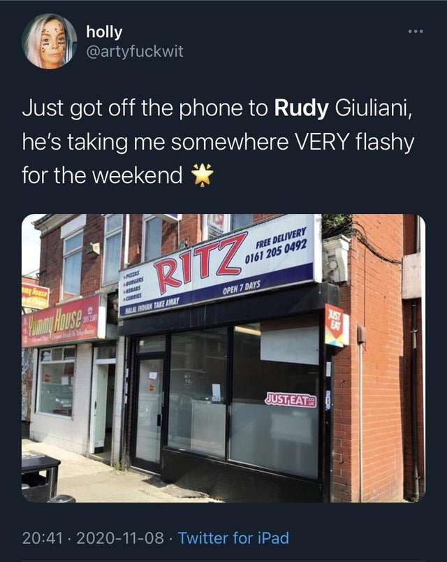 real estate - holly Just got off the phone to Rudy Giuliani, he's taking me somewhere Very flashy for the weekend Free Delivery 0161 205 0492 Ritz Open 7 Days Blandatif Anay away House 15 Er V Justeata Twitter for iPad