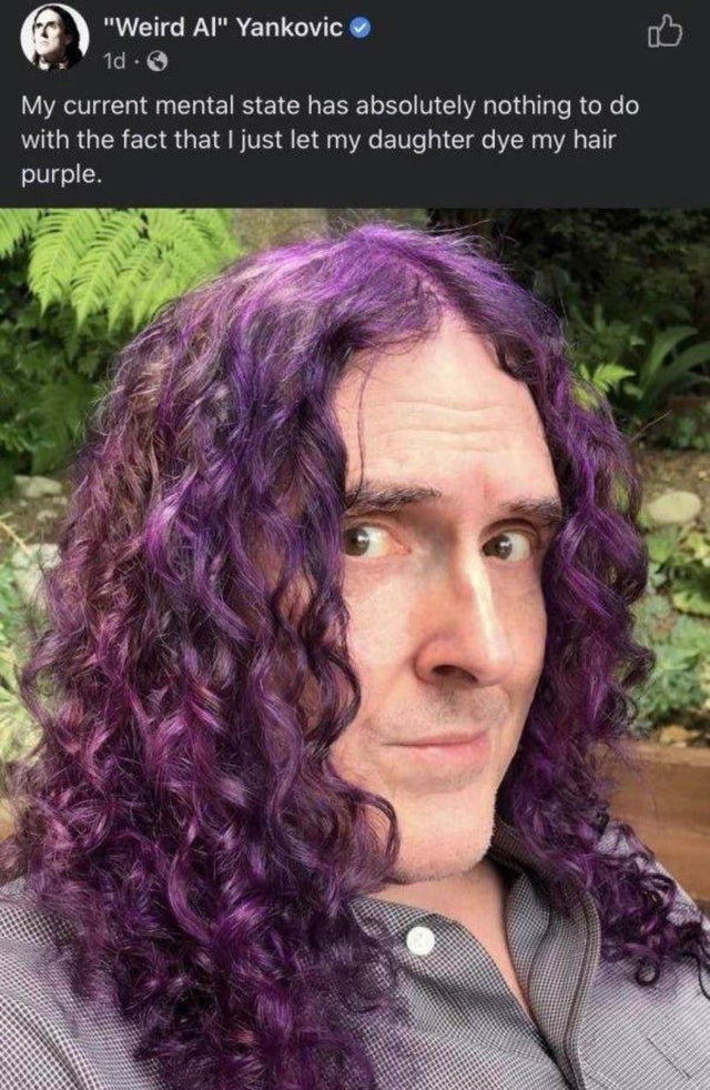 hair coloring - "Weird Al" Yankovic 1d. My current mental state has absolutely nothing to do with the fact that I just let my daughter dye my hair purple.