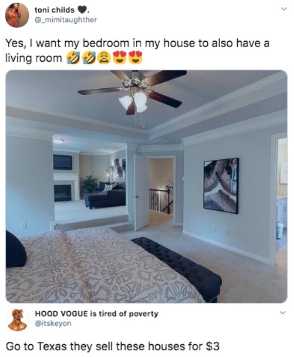 ceiling - toni childs Yes, I want my bedroom in my house to also have a living room Hood Vogue is tired of poverty Go to Texas they sell these houses for $3