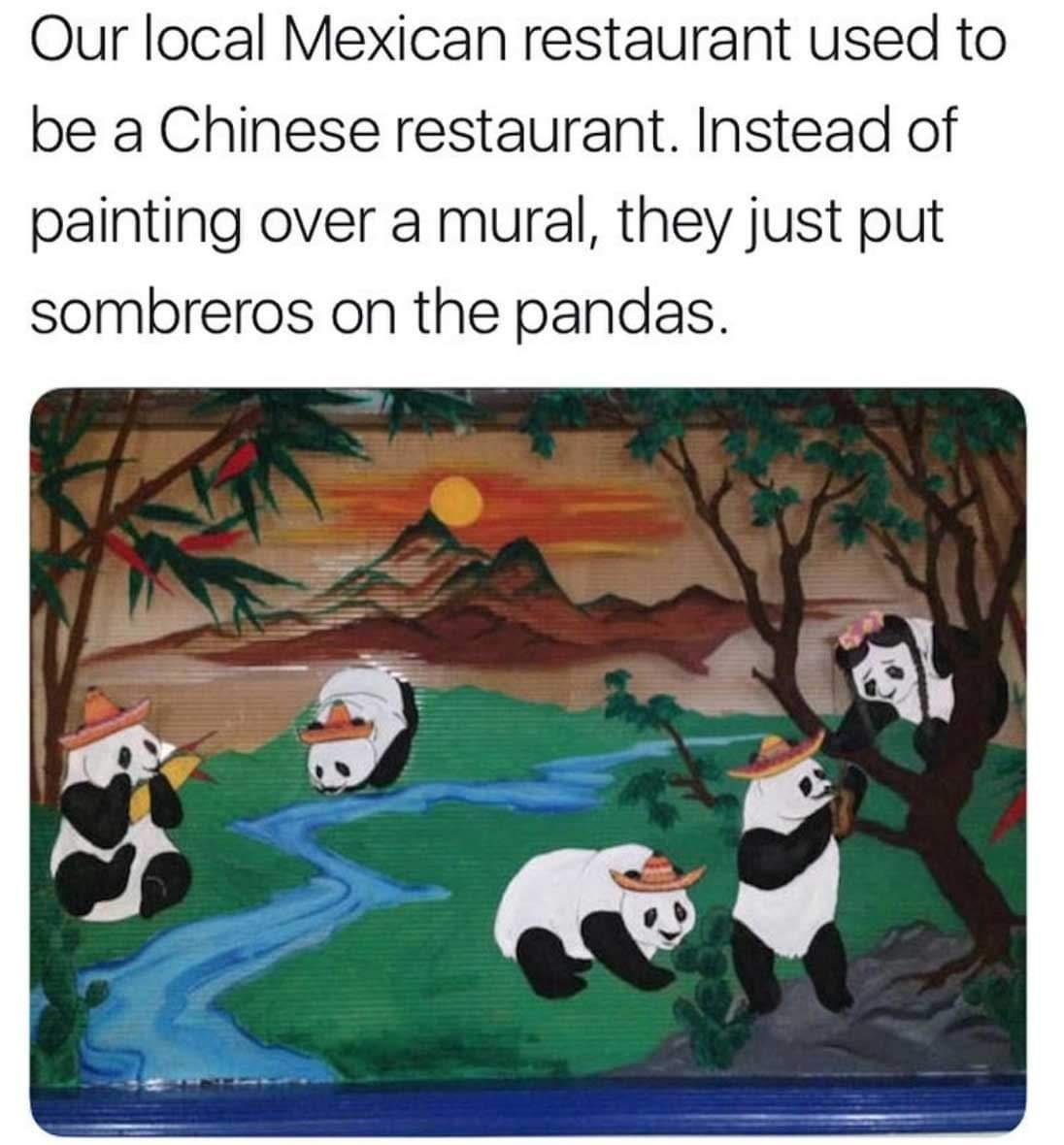 funny random pics - local mexican restaurant used to be a chinese restaurant - Our local Mexican restaurant used to be a Chinese restaurant. Instead of painting over a mural, they just put sombreros on the pandas.