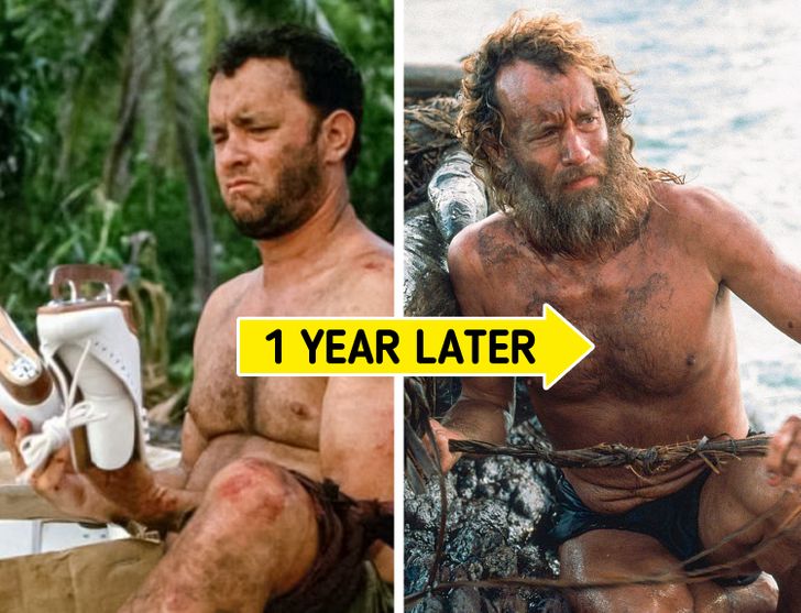 At the beginning of Cast Away, Tom Hanks’ character looks like an average man, but after spending a lot of time on the island, it’s no surprise that his body gets severely malnourished. In order to make himself look authentic, production was stopped for an entire year, so that Hanks could lose 50 pounds safely and grow out his hair.