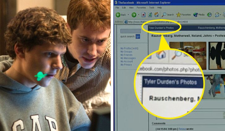 In one scene from The Social Network, Mark Zuckerberg cheats on his exam by making people comment on various works of art on a Facebook account. In order to be incognito, Mark uses the pseudonym Tyler Durden for his profile in a blink-and-you-miss-it moment. Interestingly, Tyler Durden is the main character in Fight Club, which, just like The Social Network, was directed by David Fincher.