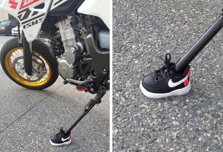 “Found a motorbike with a mini shoe on its kickstand during my run today.”