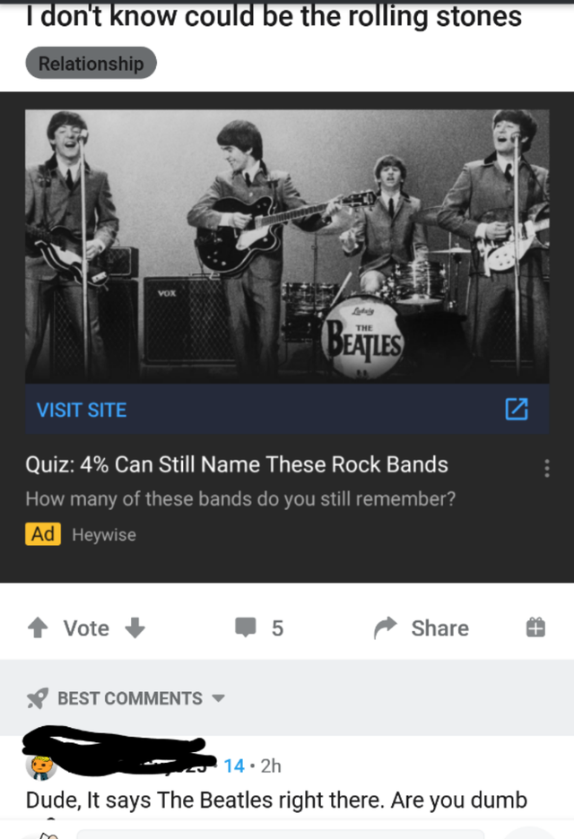 beatles playing guitar - T don't know could be the rolling stones Relationship Vox Beatles Visit Site Quiz 4% Can Still Name These Rock Bands How many of these bands do you still remember? Ad Heywise Vote 5 Best 14.2h Dude, It says The Beatles right there