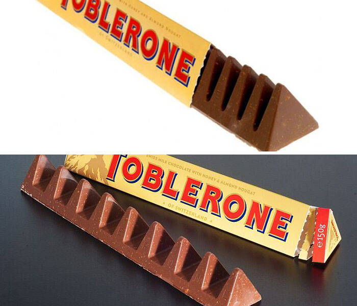 "Back in 2016, Toblerone announced they were altering the iconic design of their UK bars by adding bigger gaps between the mounds, which meant that the bars were about to have 10% less chocolate for the same price. Apparently, the unfortunate change was due to an increase in the price of the ingredients. People weren't too happy about it, to say the least. Two years later, the company decided to bring back the original shape. Sadly, the price of the bar had to be raised as well."