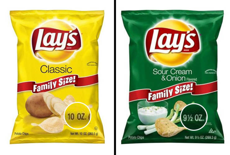 "Turns out, some bags of Lay’s potato chips contain fewer chips than others. Lay’s regular "Family Size" packs are 10 oz., but the company’s bags of flavored chips are 9.5 oz, yet both sell for the same price. According to the Associated Press, the difference is equivalent to approximately 5-6 chips."