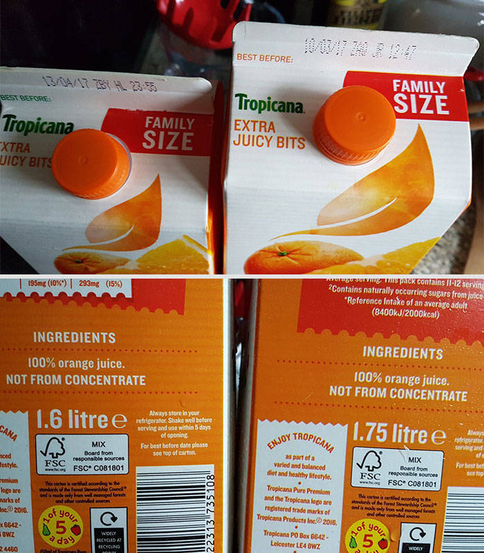 "Back in 2017, consumers started noticing that the size of family-size cartons of Tropicana downsized by almost 9 percent. Despite the change, the price remained the same."