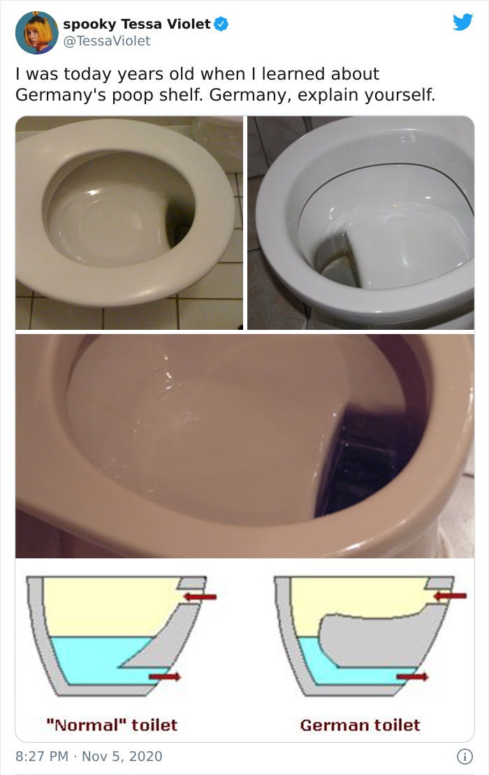 toilet - spooky Tessa Violet Violet I was today years old when I learned about Germany's poop shelf. Germany, explain yourself. "Normal" toilet German toilet