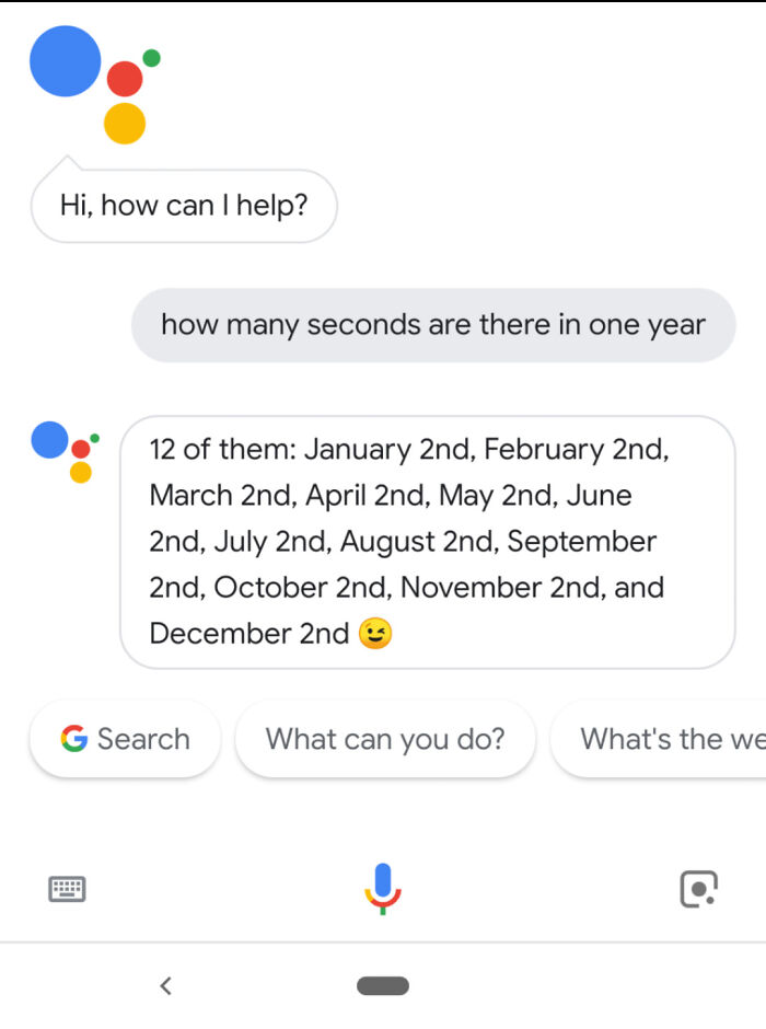 screenshot - Hi, how can I help? how many seconds are there in one year 12 of them January 2nd, February 2nd, March 2nd, April 2nd, May 2nd, June 2nd, July 2nd, August 2nd, September 2nd, October 2nd, November 2nd, and December 2nd s G Search What can you
