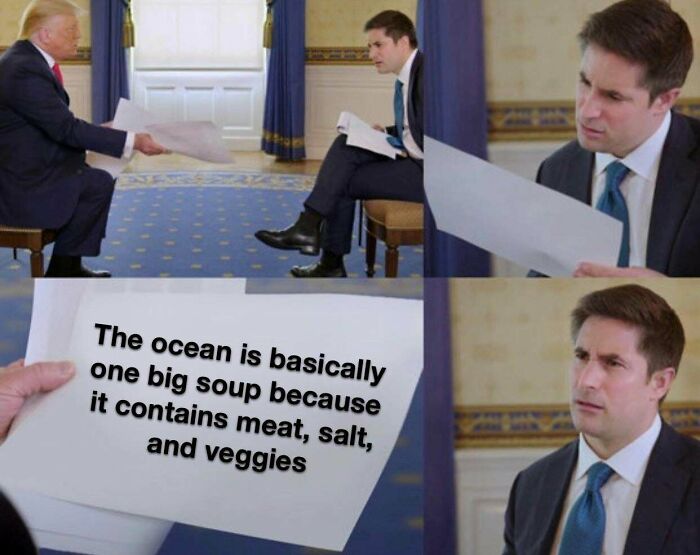 confused reporter meme template - The ocean is basically one big soup because it contains meat, salt, and veggies