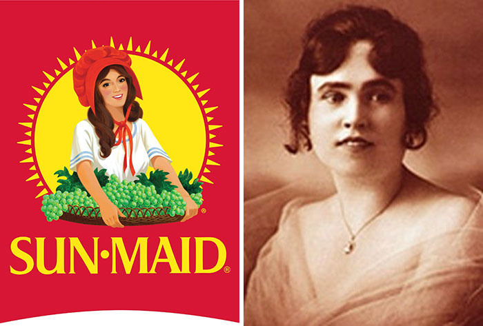SUN-MAID's mascot is a young brown-eyed woman wearing a red bonnet. She gently smiles and invites us to enjoy the well-known go-to American snack. The official story behind the face of the mascot is this: in 1915, while Lorraine Collet Peterson was still in high school, she was working at a raisin cooperative one afternoon. She was drying her curly brown hair and wearing a red bonnet borrowed from her mother. A company executive noticed her and asked her to become the face of the brand. It is hard to tell if this story is true, but it cannot be denied that Lorraine truly existed and her face is successfully presented on every little red box to this day.