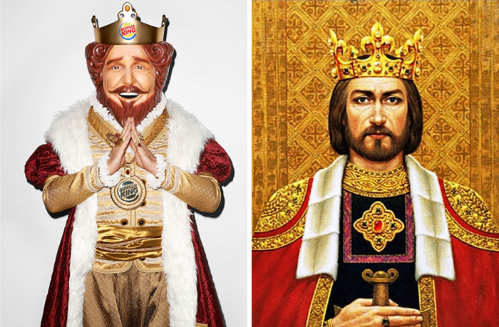 There are various legends surrounding Burger King’s King mascot. The rumor was that the head for a King was found on eBay while looking for inspiration. However, it is hard to deny that the symbols highlighted on the crown, together with his golden and red robe, are stunningly reminiscent of the symbols used in the European royal tradition. While there were many kings and queens in Europe, there is one personality who looks exactly like the Burger King. It is thought that King Mindaugas, who was the first and only King of Lithuania, might have been the true source of inspiration for the Burger King mascot. While it is hard to gather more evidence, it is clear that the similarities are undeniable: the mascot and the King Mindaugas share the same crown, robe, hairstyle, and even a mustache.