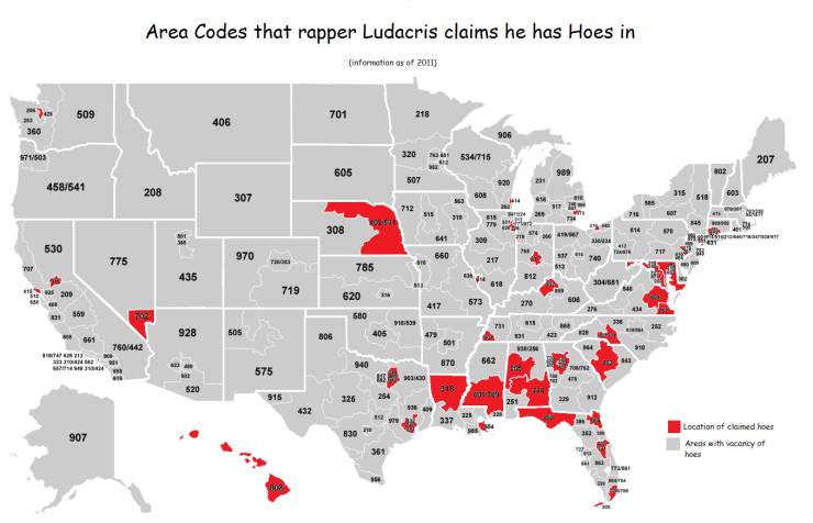 map - Area Codes that rapper Ludacris claims he has Hoes in information as of 2011 sert 509 701 218 20 360 406 906 971503 320 534715 207 605 802 507 458541 208 315 603 307 563 518 712 Sit 315 920 808 414 Win 18 7 dana $4 318 300 911 710 308 114 sa 441 19 