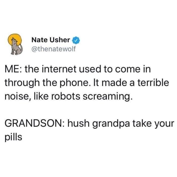 internet used to come in through - Nate Usher Me the internet used to come in through the phone. It made a terrible noise, robots screaming. Grandson hush grandpa take your pills