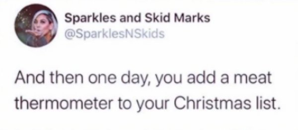Phrase - Sparkles and Skid Marks Skids And then one day, you add a meat thermometer to your Christmas list.