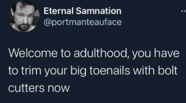 Eternal Samnation Welcome to adulthood, you have to trim your big toenails with bolt cutters now