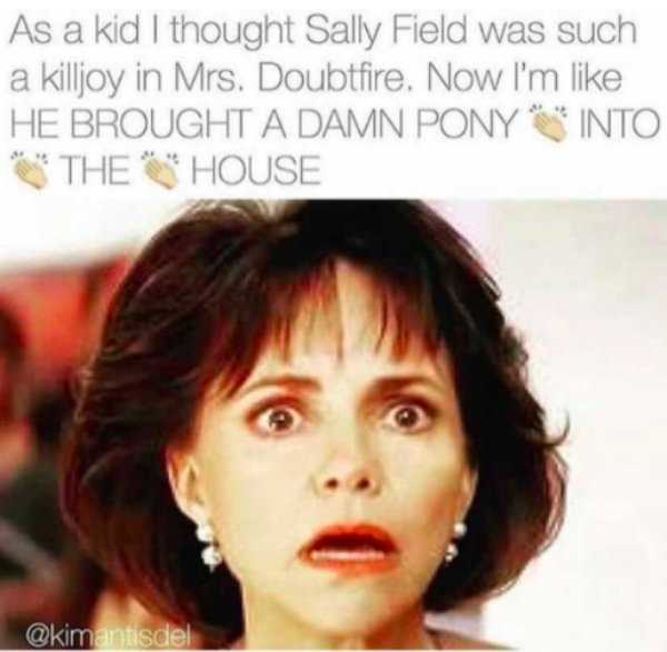 90s memes - As a kid I thought Sally Field was such a killjoy in Mrs. Doubtfire. Now I'm He Brought A Damn Pony Into The House