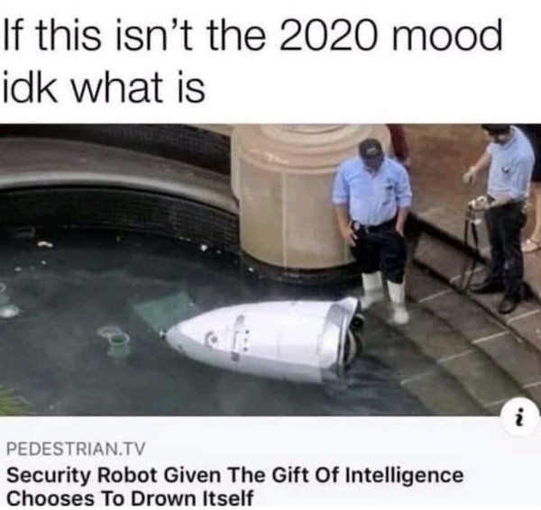 security robot drowns itself meme - If this isn't the 2020 mood idk what is i Pedestrian.Tv Security Robot Given The Gift Of Intelligence Chooses To Drown itself