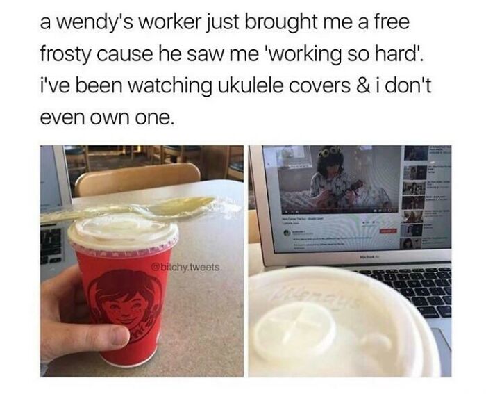 wendys frosty reddit - a wendy's worker just brought me a free frosty cause he saw me 'working so hard'. i've been watching ukulele covers & i don't even own one. . Fo .tweets