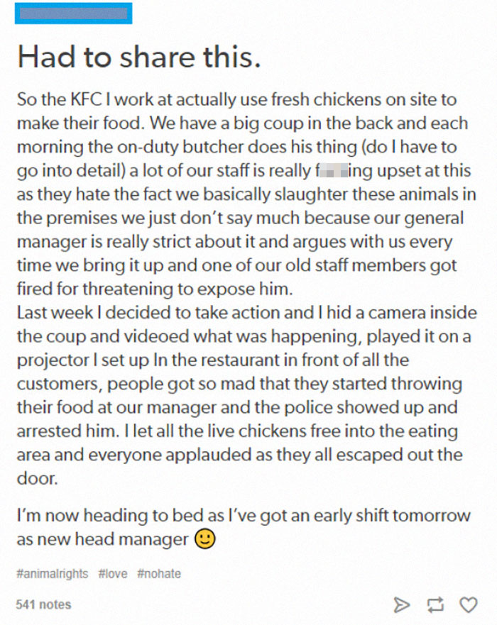 document - Had to this. So the Kfc I work at actually use fresh chickens on site to make their food. We have a big coup in the back and each morning the onduty butcher does his thing do I have to go into detail a lot of our staff is really fing upset at t