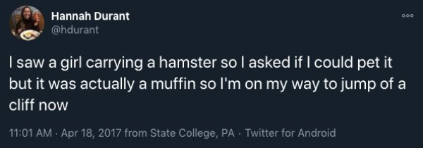 if you aren t happy single tweet - Doo Hannah Durant I saw a girl carrying a hamster so I asked if I could pet it but it was actually a muffin so I'm on my way to jump of a cliff now from State College, Pa Twitter for Android