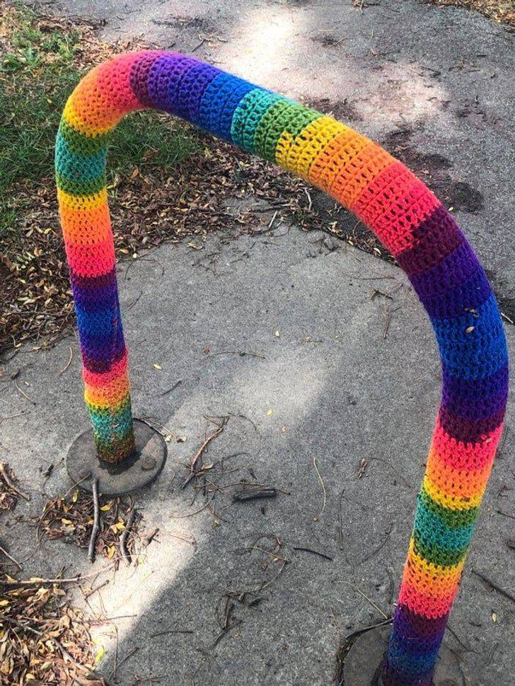 “Someone crocheted bicycle rack warmers around my neighborhood just in time for the changing season.”