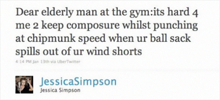 rashard mendenhall tweets - Dear elderly man at the gymits hard 4 me 2 keep composure whilst punching at chipmunk speed when ur ball sack spills out of ur wind shorts 414 Pm Jan 13th wa UberTwitter Jessica Simpson Jessica Simpson