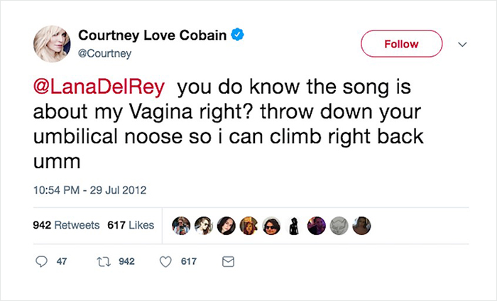 unfollow me now - Courtney Love Cobain Del Rey you do know the song is about my Vagina right? throw down your umbilical noose so i can climb right back umm 942 617 47 12942 617