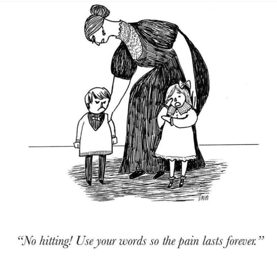 cartoon - Tirin "No hitting! Use your words so the pain lasts forever.