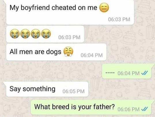 document - My boyfriend cheated on me All men are dogs Vi Say something What breed is your father?