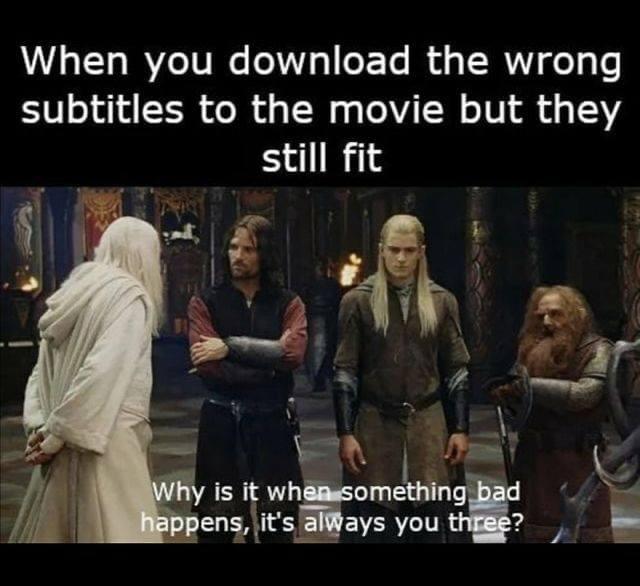 legolas and gimli - When you download the wrong subtitles to the movie but they still fit Why is it when something bad happens, it's always you three?