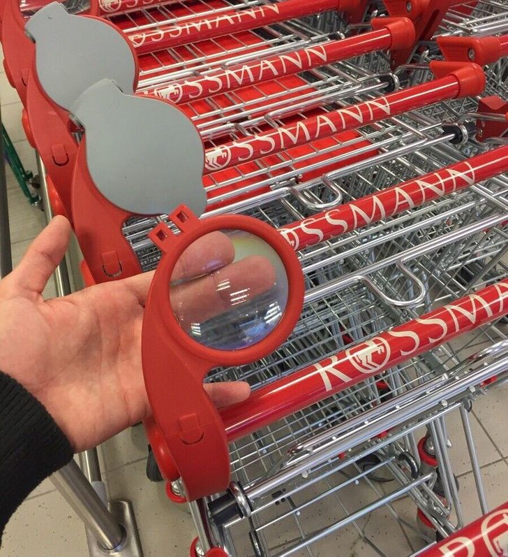 “This supermarket has magnifying lenses on their carts to help people read product labels.”