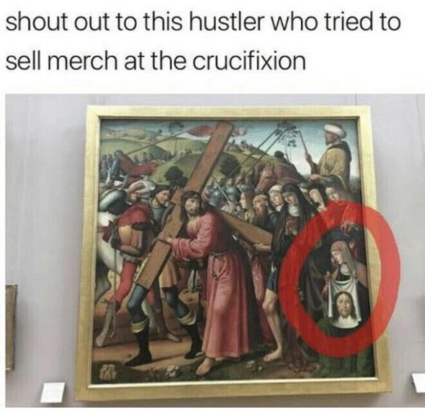 the louvre - shout out to this hustler who tried to sell merch at the crucifixion