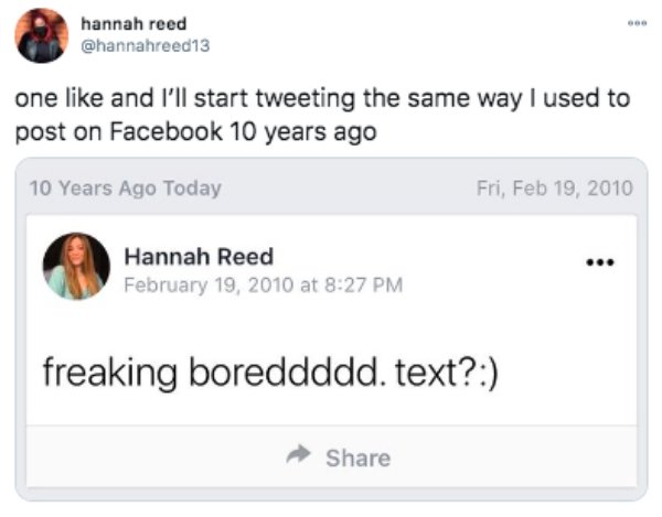 london borough of hounslow - hannah reed one and I'll start tweeting the same way I used to post on Facebook 10 years ago 10 Years Ago Today Fri, Hannah Reed at freaking boreddddd. text?
