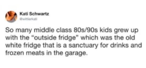 Kardeşimin Hikayesi - Kati Schwartz So many middle class 80s90s kids grew up with the "outside fridge which was the old white fridge that is a sanctuary for drinks and frozen meats in the garage.